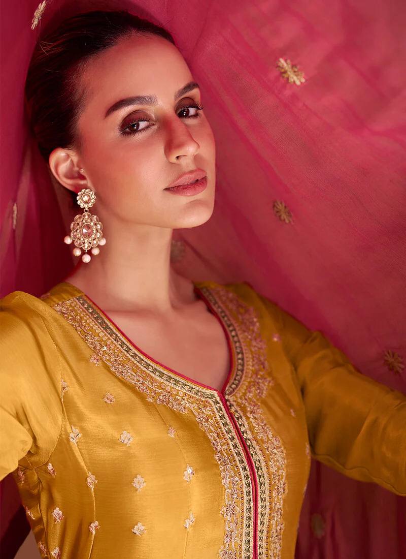 Lorenvalley Yellow Chinon Embroidery With Sequince Work Salwar Kameez Stitched | Grocsy