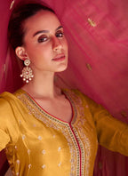 Lorenvalley Yellow Chinon Embroidery With Sequince Work Salwar Kameez Stitched | Grocsy
