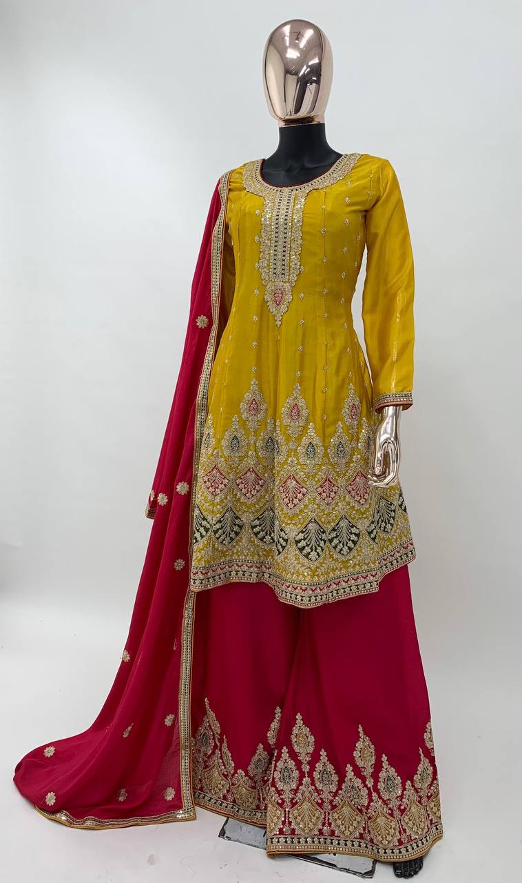 Lorenvalley Yellow Chinon Embroidery With Sequince Work Salwar Kameez Stitched | Grocsy