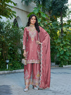 Anaita Peach Chinon Stitched Plazzo Suit With Dhaga & Sequence Work | Grocsy