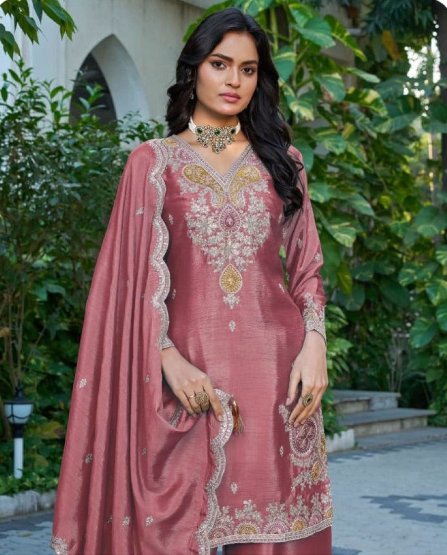 Anaita Peach Chinon Stitched Plazzo Suit With Dhaga & Sequence Work | Grocsy