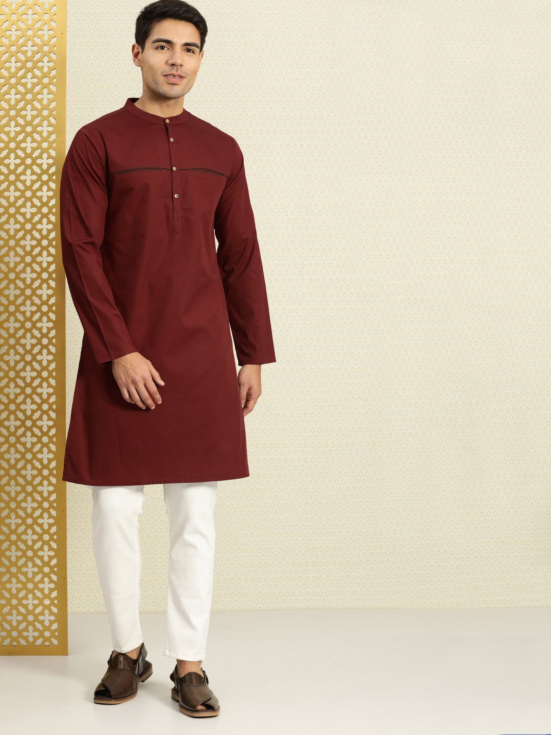 House of Pataudi Men Maroon Solid Straight Kurta | Grocsy