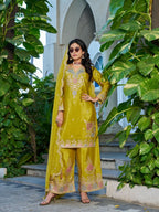 Anaita Mustard Chinon Stitched Plazzo Suit With Dhaga & Sequence Work | Grocsy