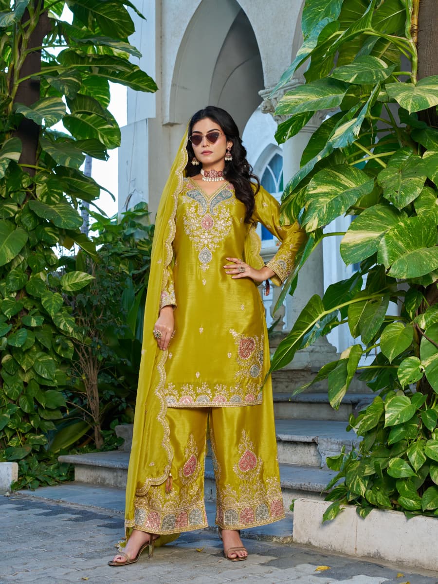 Anaita Mustard Chinon Stitched Plazzo Suit With Dhaga & Sequence Work | Grocsy