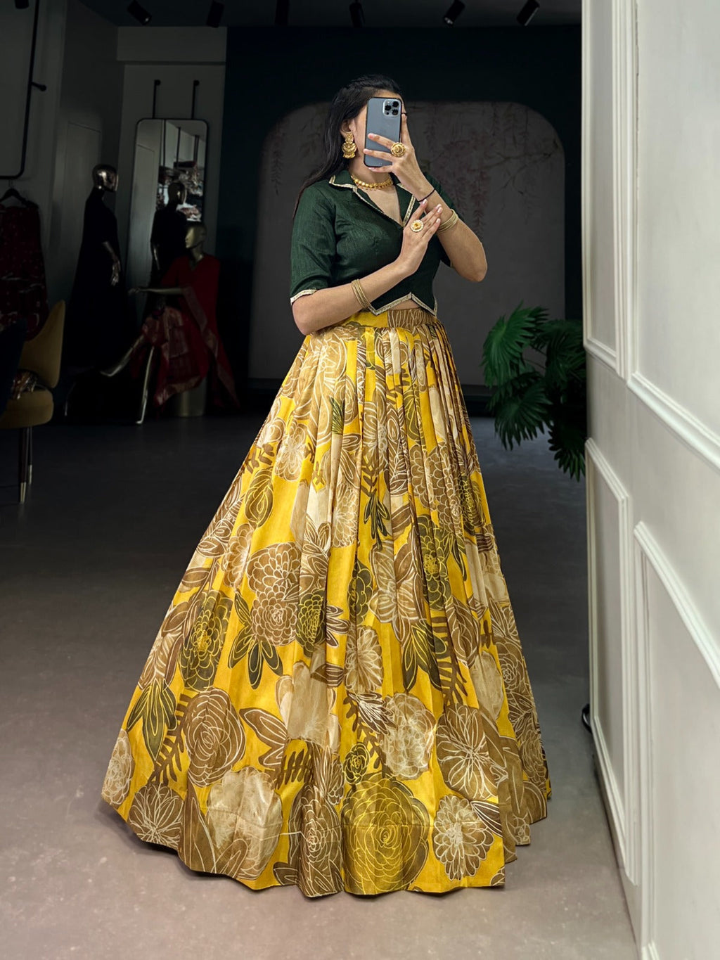 Lorenvalley Fashion Mustard Tasar Silk Floral Print Lehenga Choli | Grocsy