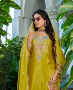 Anaita Mustard Chinon Stitched Plazzo Suit With Dhaga & Sequence Work | Grocsy