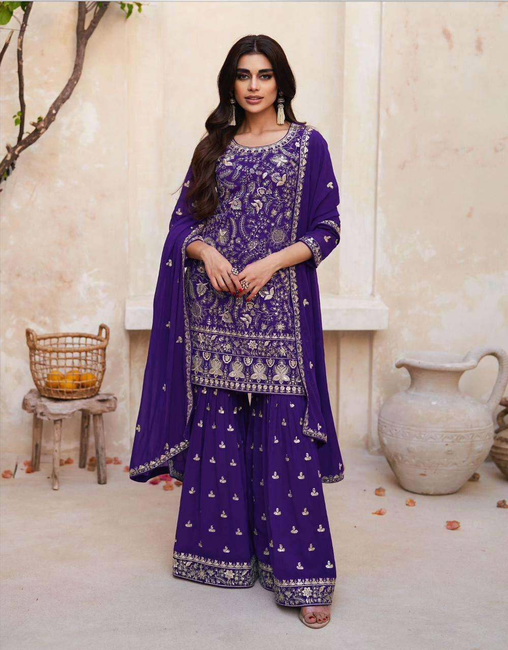 Lorenvalley Purple Georgette Embroidery With Sequince Work Salwar Kameez Stitched | Grocsy