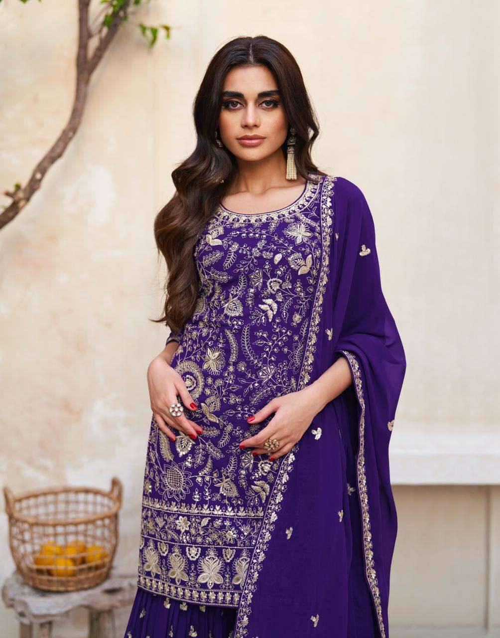 Lorenvalley Purple Georgette Embroidery With Sequince Work Salwar Kameez Stitched | Grocsy