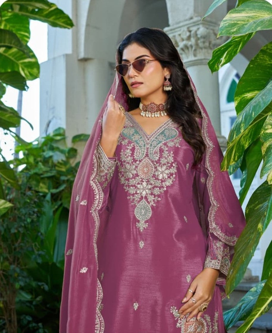 Anaita Magenta Chinon Stitched Plazzo Suit With Dhaga & Sequence Work | Grocsy