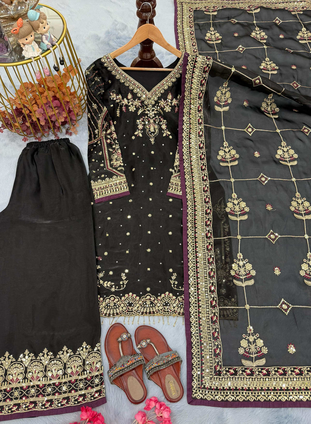 Anaita Black Chinon Silk Readymade Suit with Embroidery & Sequence Work | Grocsy