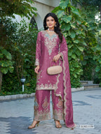Anaita Magenta Chinon Stitched Plazzo Suit With Dhaga & Sequence Work | Grocsy