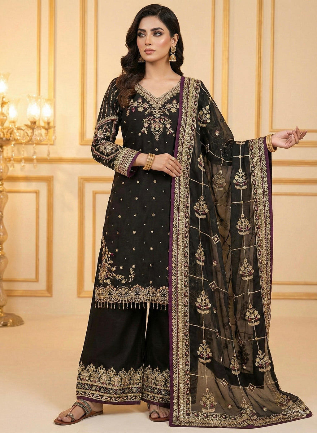 Anaita Black Chinon Silk Readymade Suit with Embroidery & Sequence Work | Grocsy