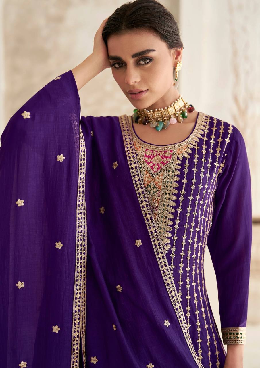 Lorenvalley Purple Chinon Embroidery With Sequince Work Salwar Kameez Stitched | Grocsy