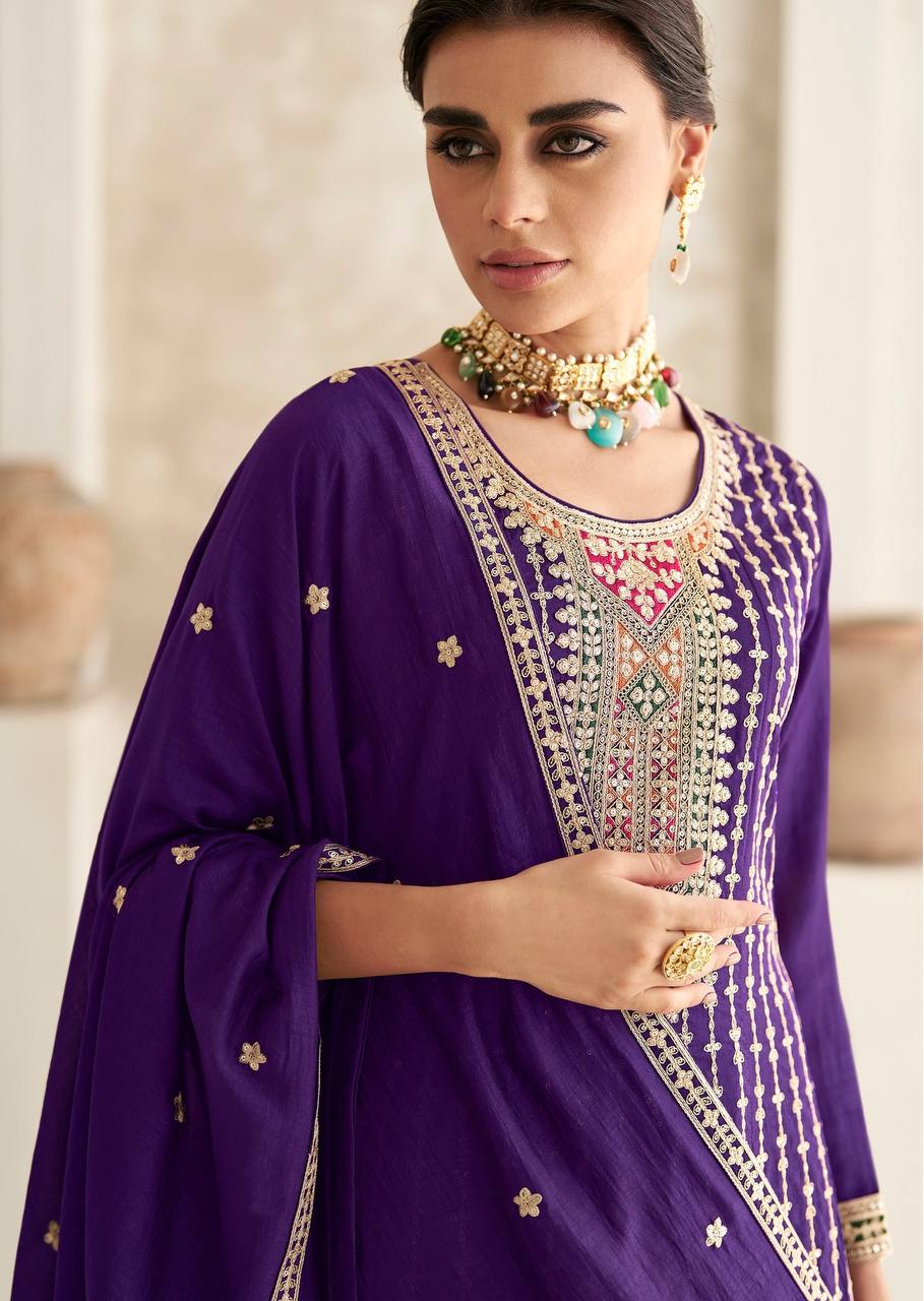 Lorenvalley Purple Chinon Embroidery With Sequince Work Salwar Kameez Stitched | Grocsy