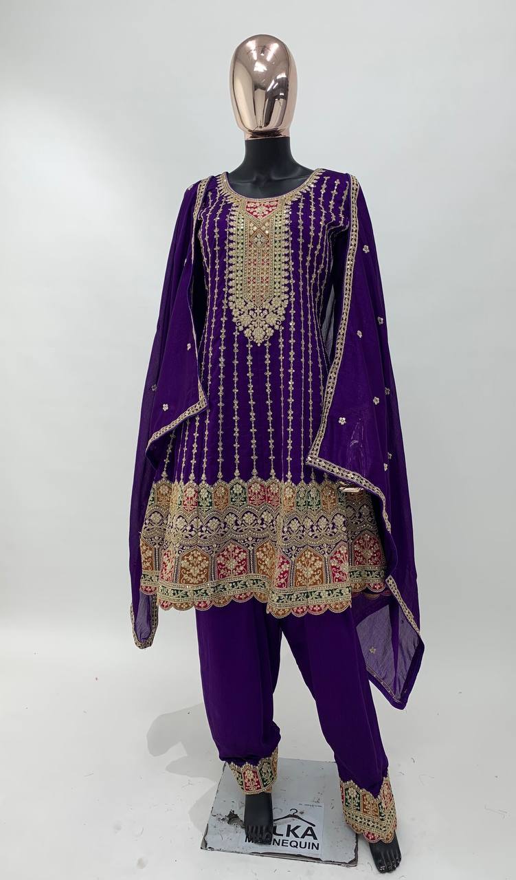 Lorenvalley Purple Chinon Embroidery With Sequince Work Salwar Kameez Stitched | Grocsy
