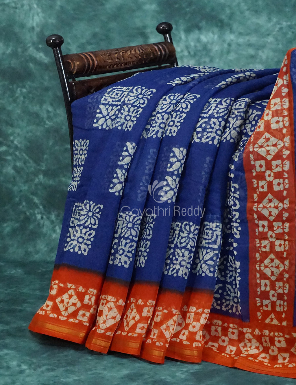 Mix of Blue and Orange Batik Printed Semi Chanderi Saree By Gayathri Reddy Designer Studio | Grocsy