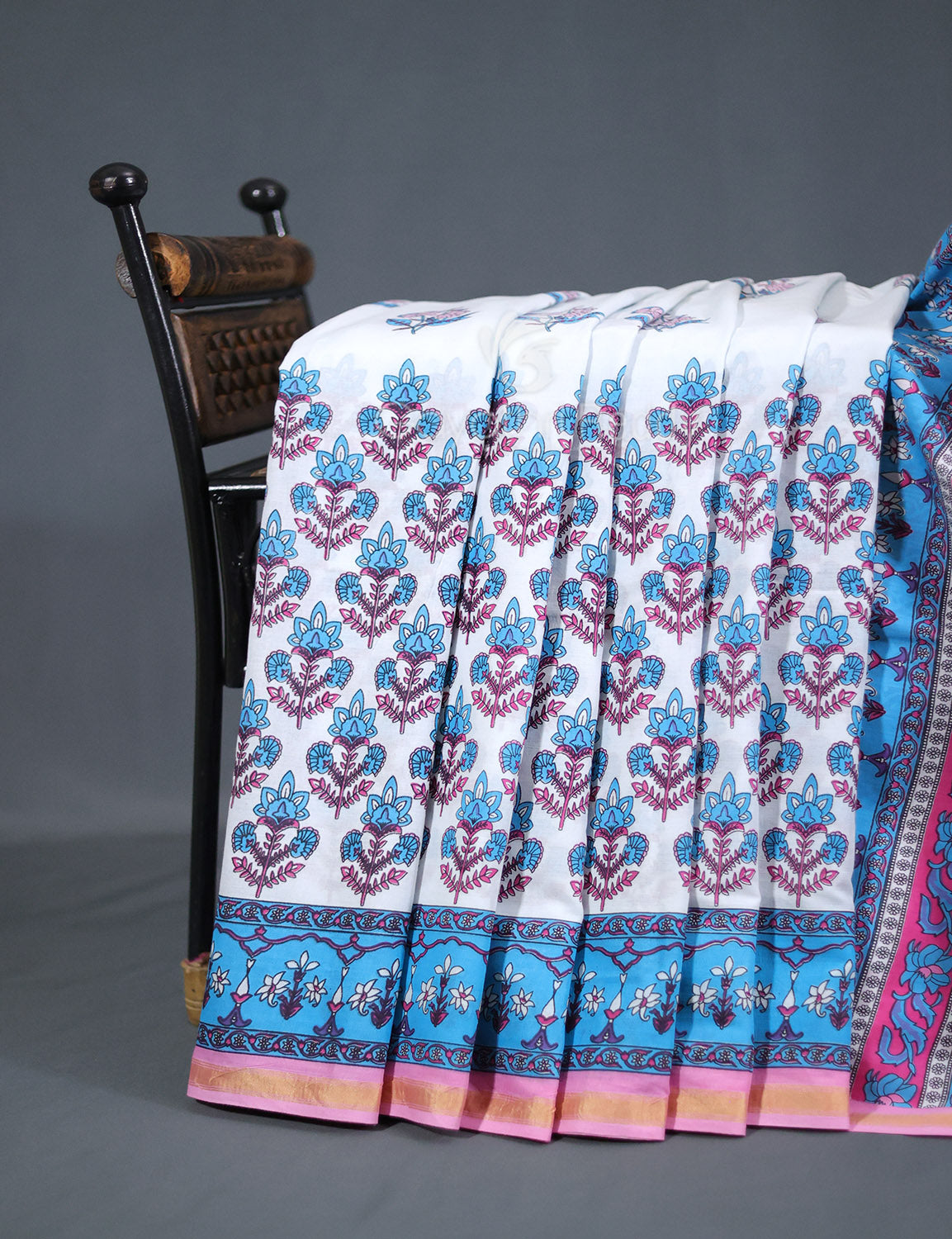 White And Cloud Blue Printed Cotton Sareecotton Saree-C569 By Gayathri Reddy Designer Studio | Grocsy