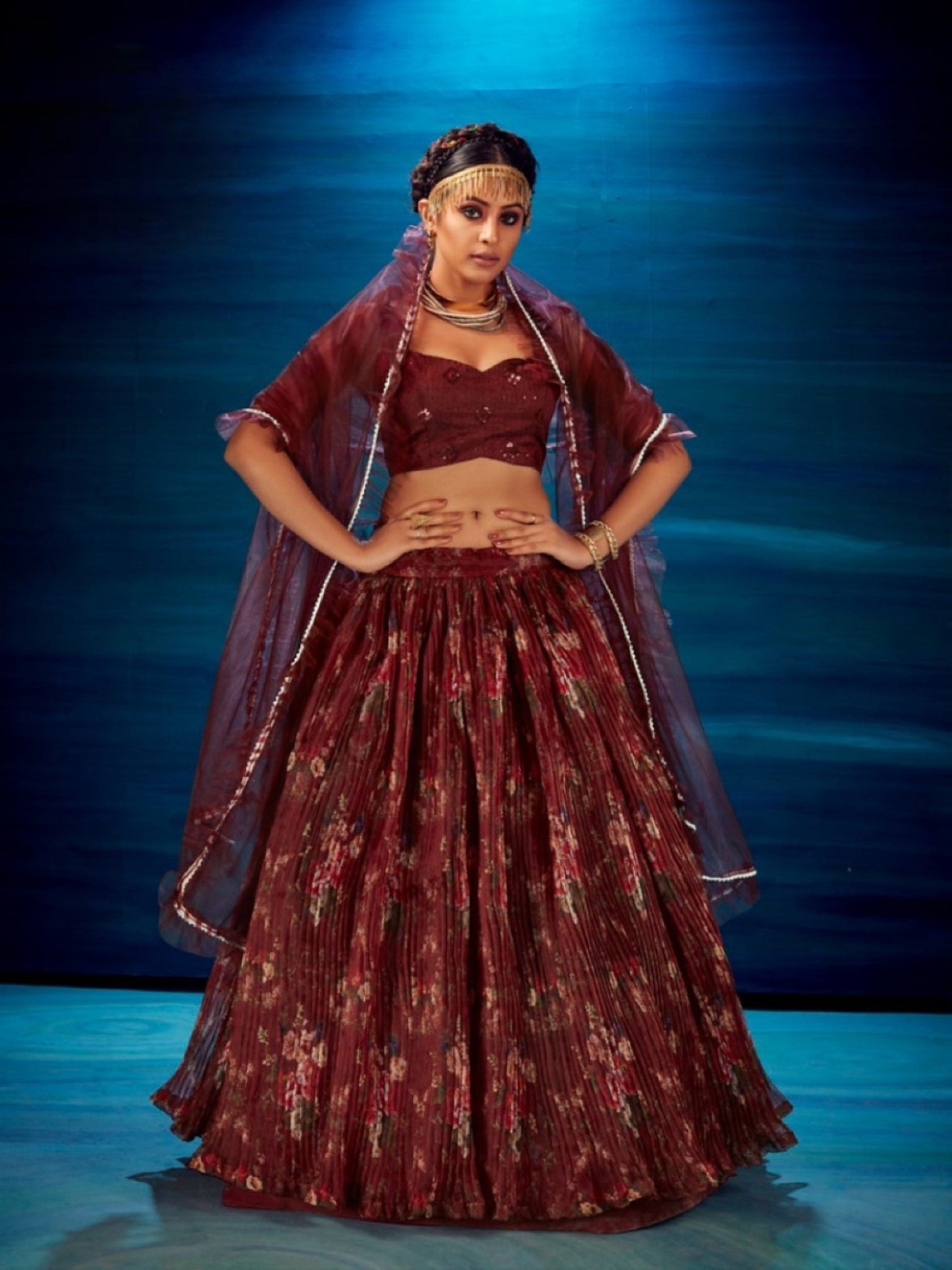 Anaita Maroon Organza Lehenga Choli With Sequence & Thread Work | Grocsy