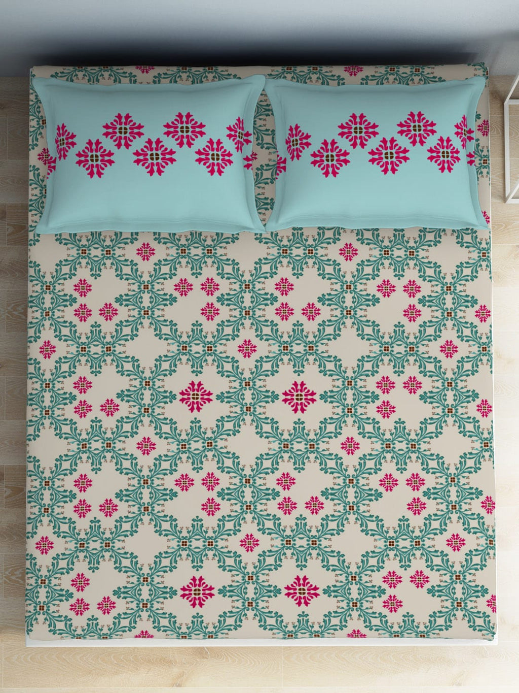 SPACES Aurum Blue Ethnic Motifs Pure Cotton 140 TC Queen Bedsheet With 2 Pillow Covers | Grocsy