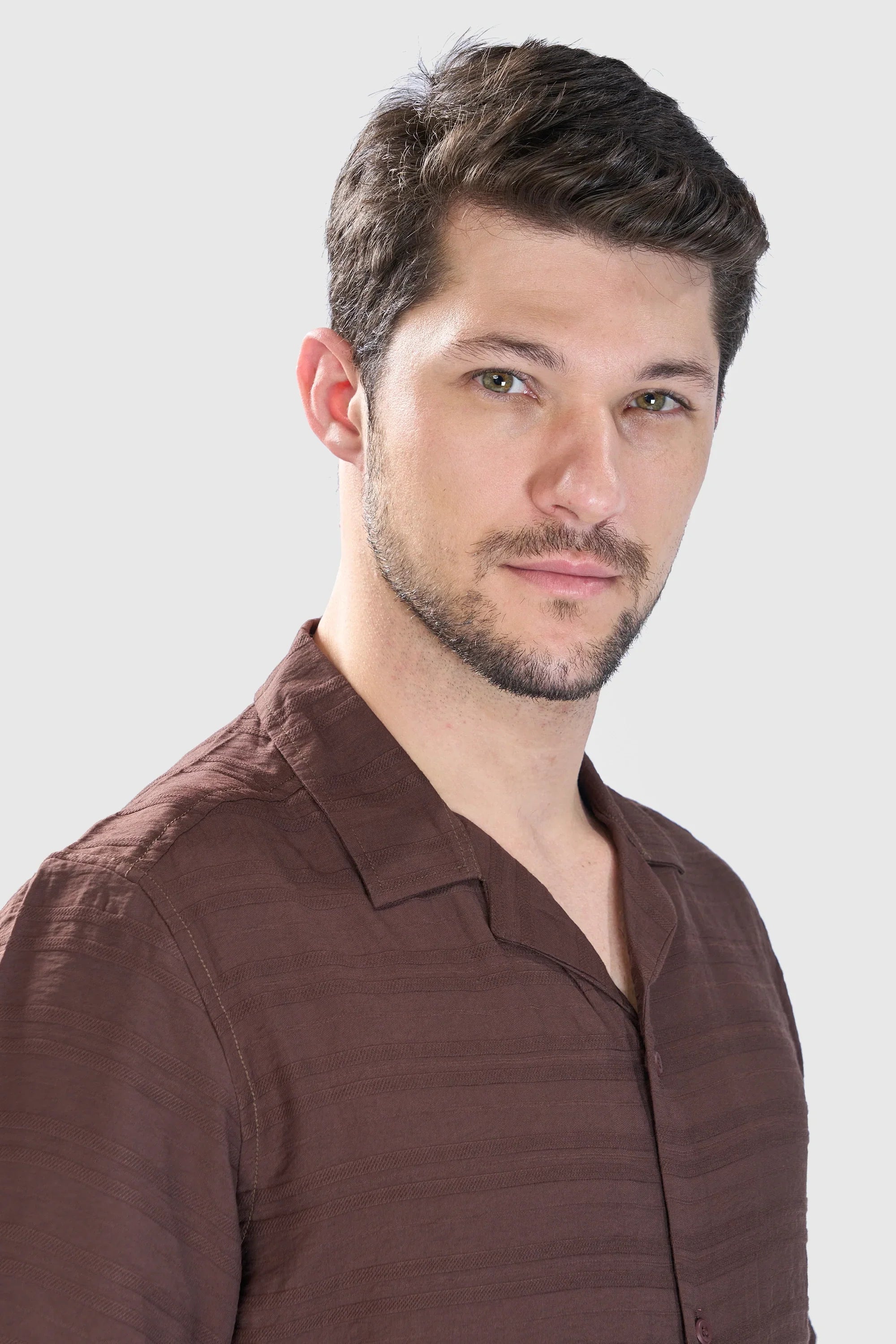 Xkind Brown Horizontal Pleated Stripes Relaxed Fit Shirt | Grocsy