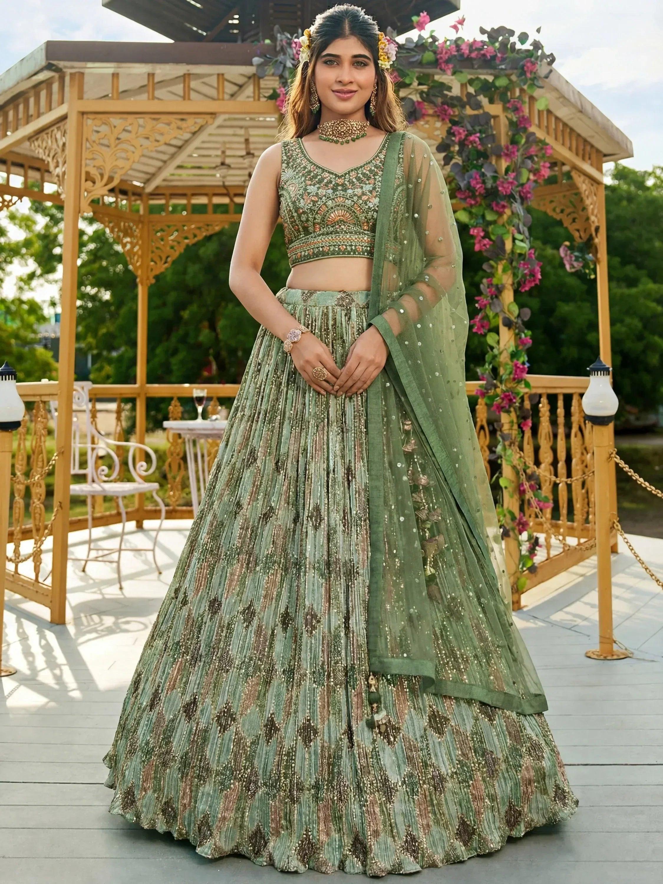 Tulsi Art Gorgeous Green Embroidered Chinon Function Wear Lehenga Choli | Grocsy
