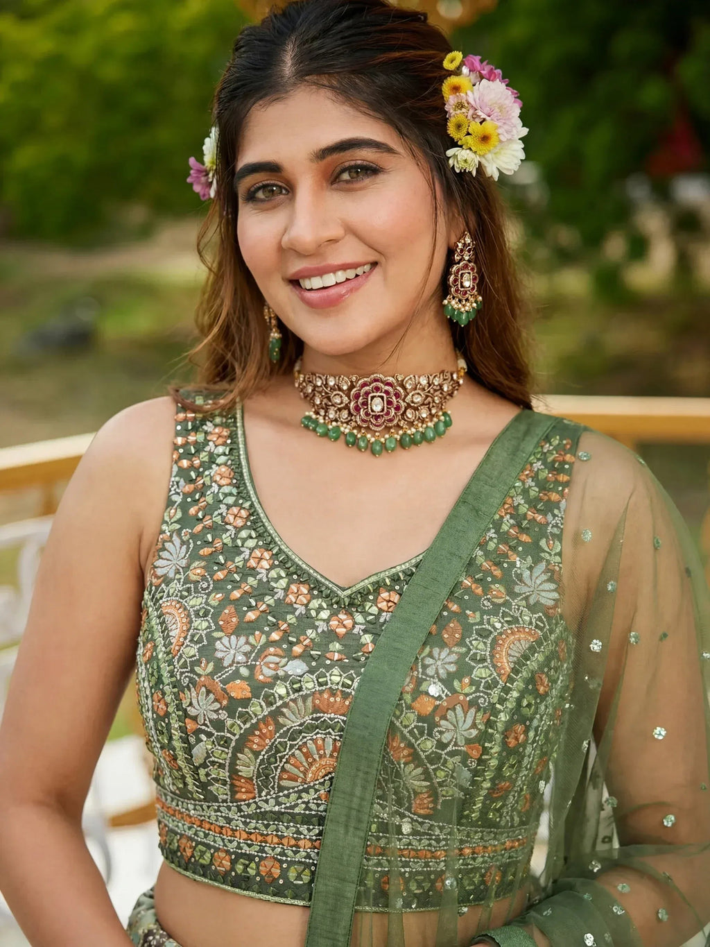 Tulsi Art Gorgeous Green Embroidered Chinon Function Wear Lehenga Choli | Grocsy