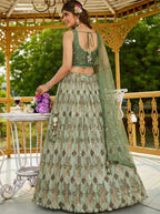 Tulsi Art Gorgeous Green Embroidered Chinon Function Wear Lehenga Choli | Grocsy