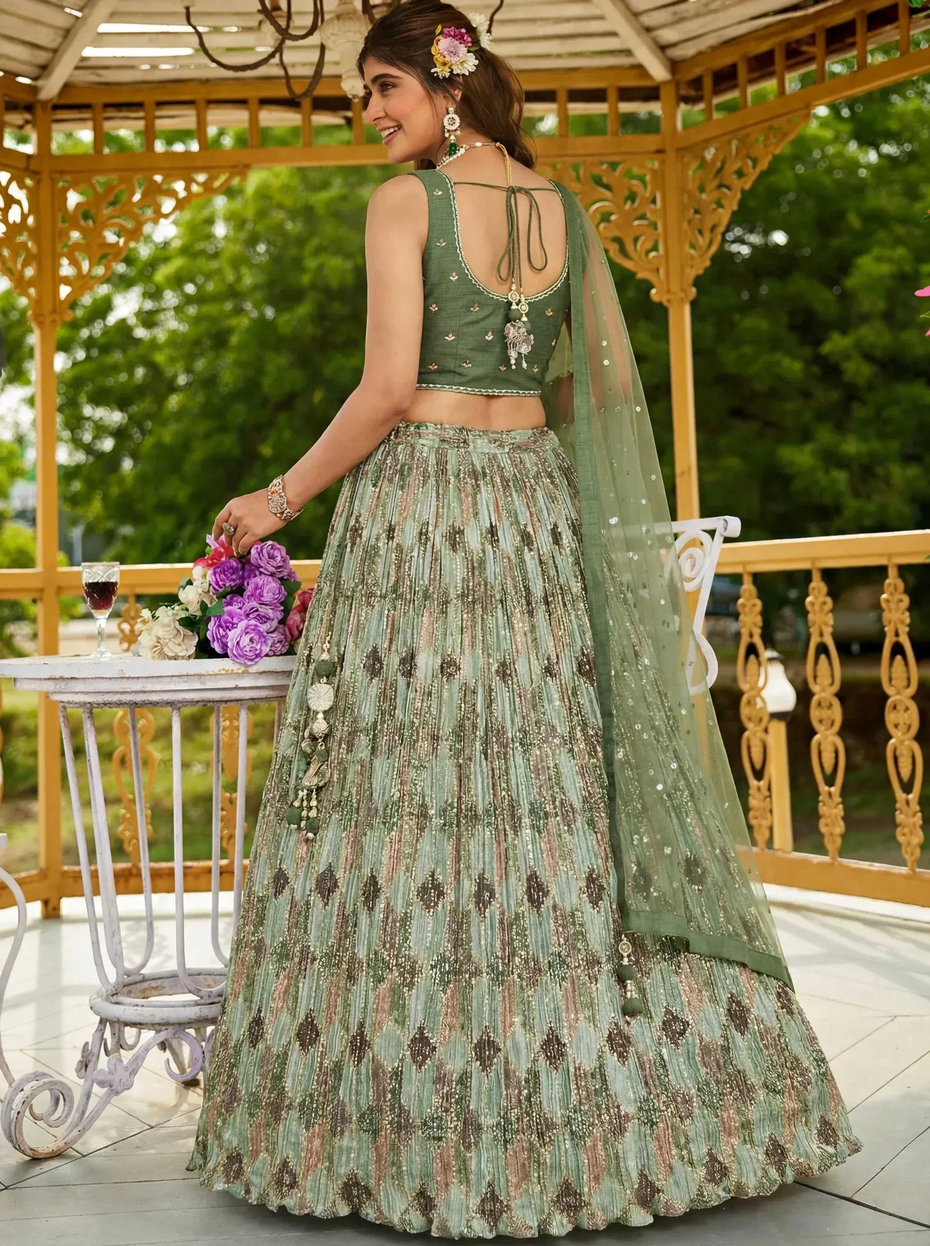 Tulsi Art Gorgeous Green Embroidered Chinon Function Wear Lehenga Choli | Grocsy