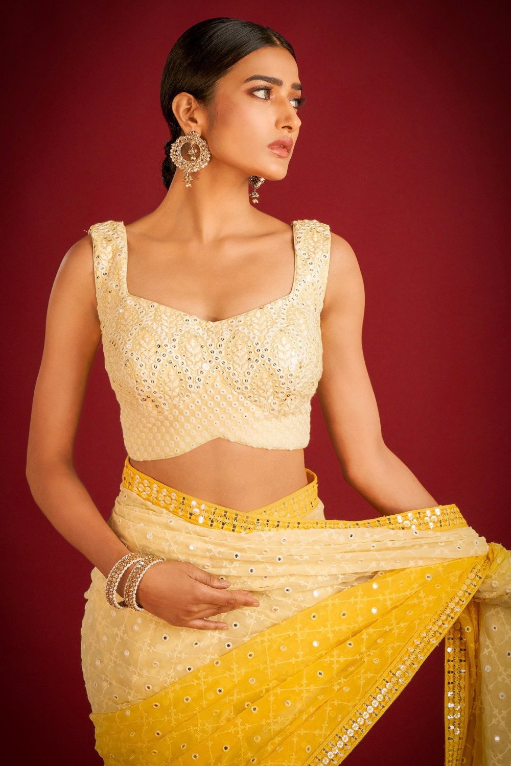 Teeya Creation Lemon Yellow Color Georgette Embroidery Work Saree | Grocsy