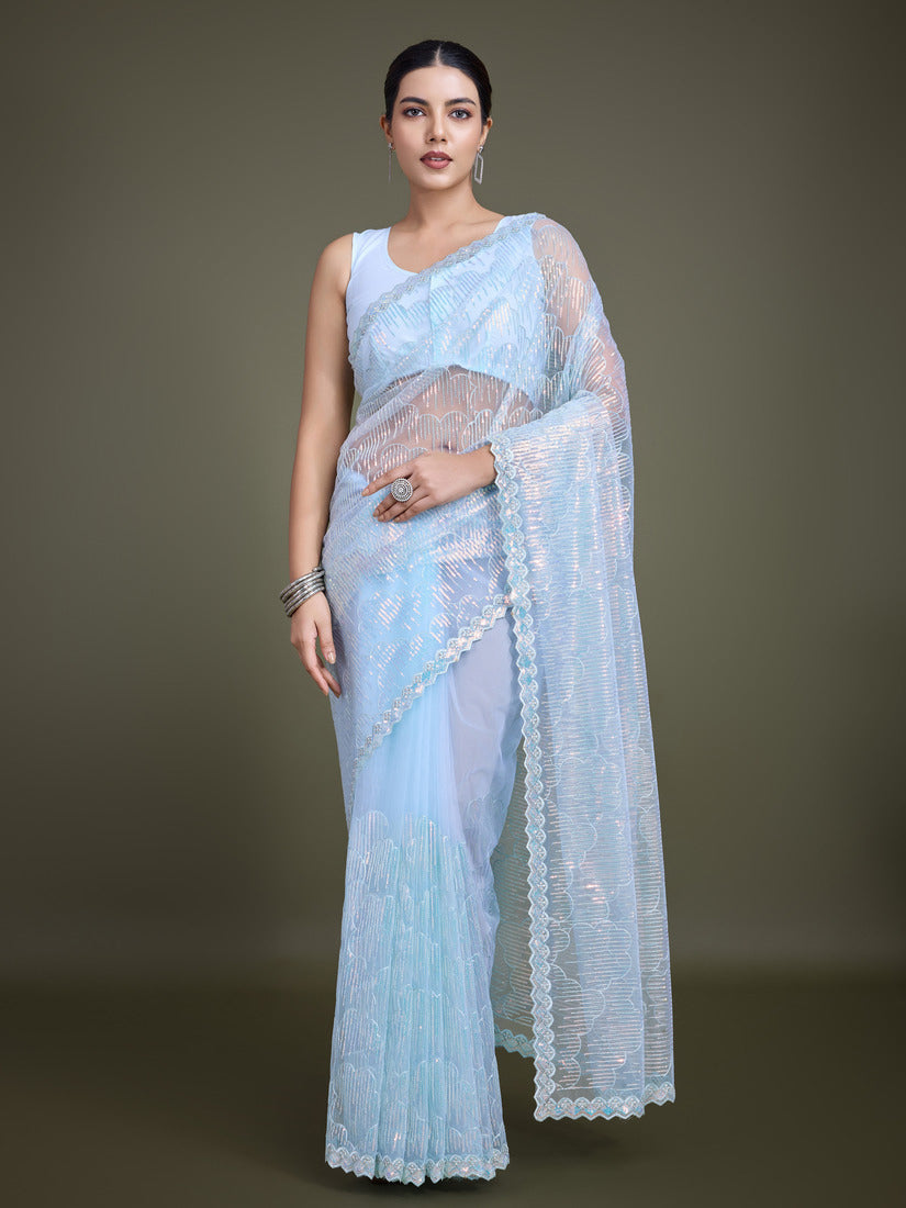 Monjolika Fashion Exclusive Women'S Light Sky Blue Soft Net SareeWith Sequin Work | Grocsy