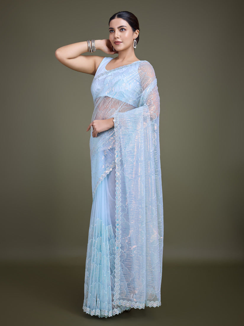 Monjolika Fashion Exclusive Women'S Light Sky Blue Soft Net SareeWith Sequin Work | Grocsy