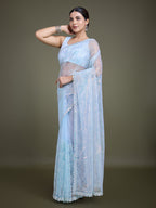 Monjolika Fashion Exclusive Women'S Light Sky Blue Soft Net SareeWith Sequin Work | Grocsy