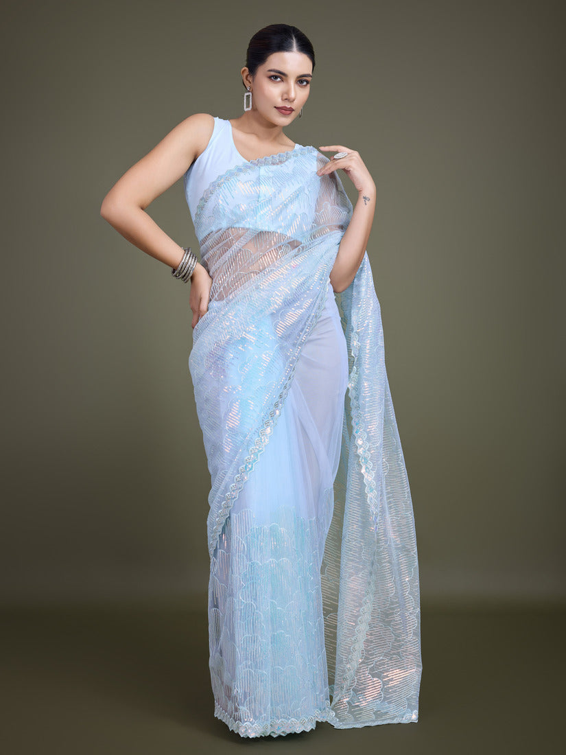 Monjolika Fashion Exclusive Women'S Light Sky Blue Soft Net SareeWith Sequin Work | Grocsy