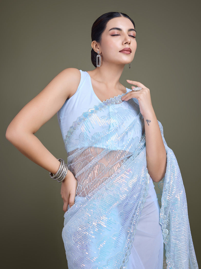 Monjolika Fashion Exclusive Women'S Light Sky Blue Soft Net SareeWith Sequin Work | Grocsy