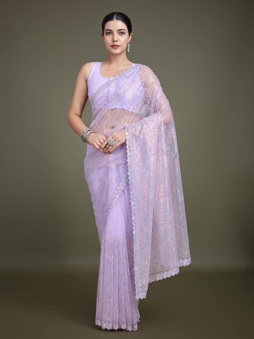 Monjolika Fashion Exclusive Women'S Lavender Soft Net SareeWith Sequin Work | Grocsy
