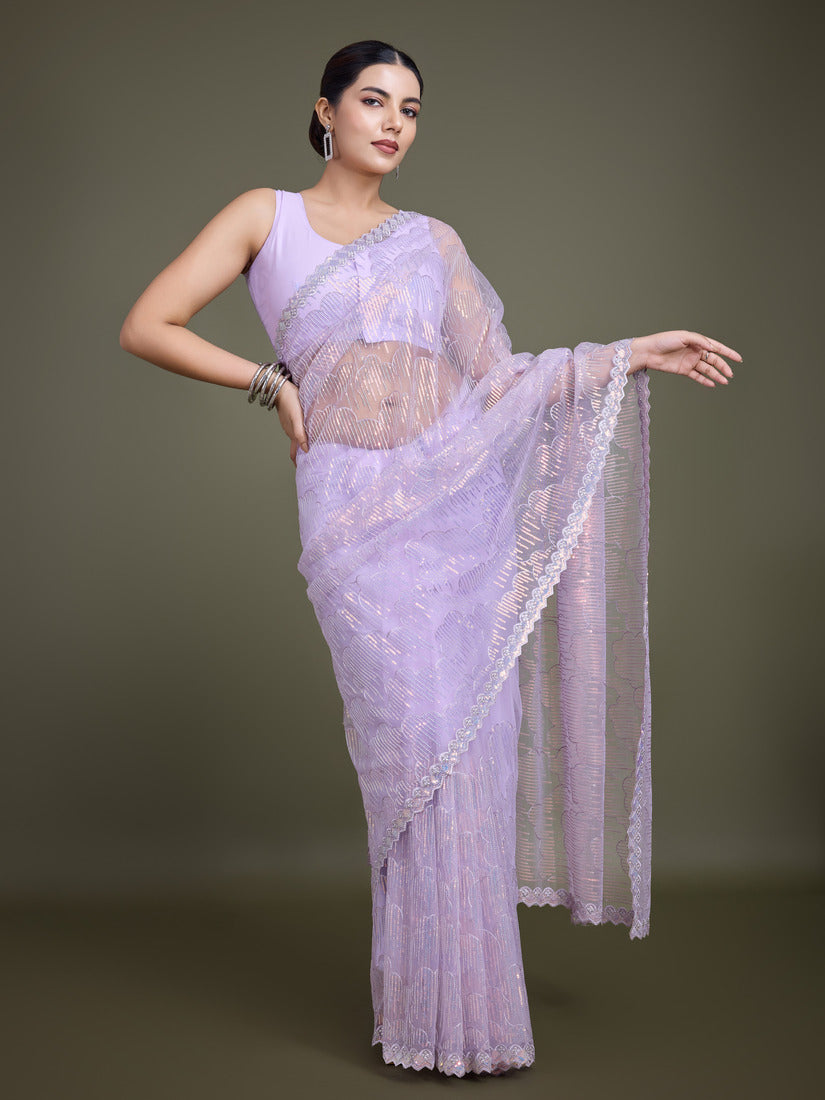 Monjolika Fashion Exclusive Women'S Lavender Soft Net SareeWith Sequin Work | Grocsy
