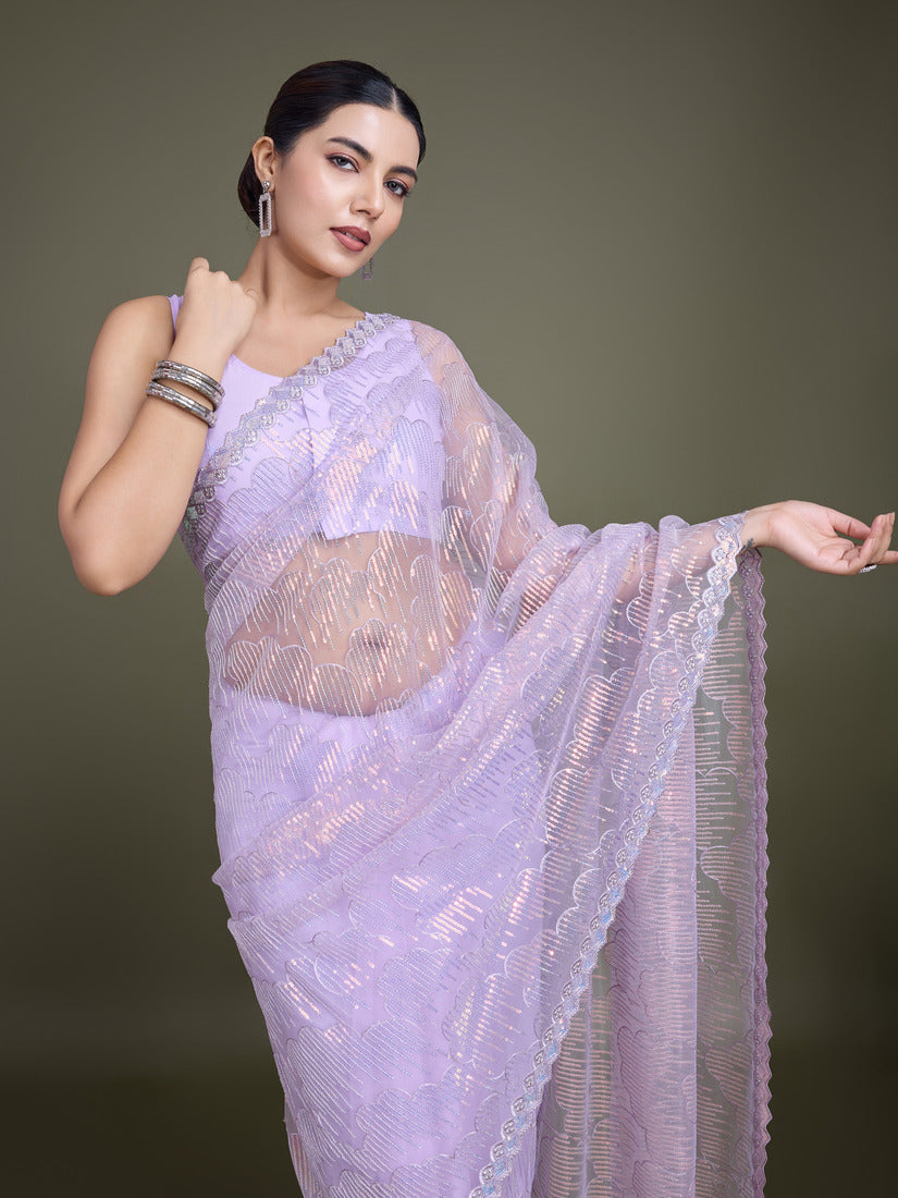 Monjolika Fashion Exclusive Women'S Lavender Soft Net SareeWith Sequin Work | Grocsy