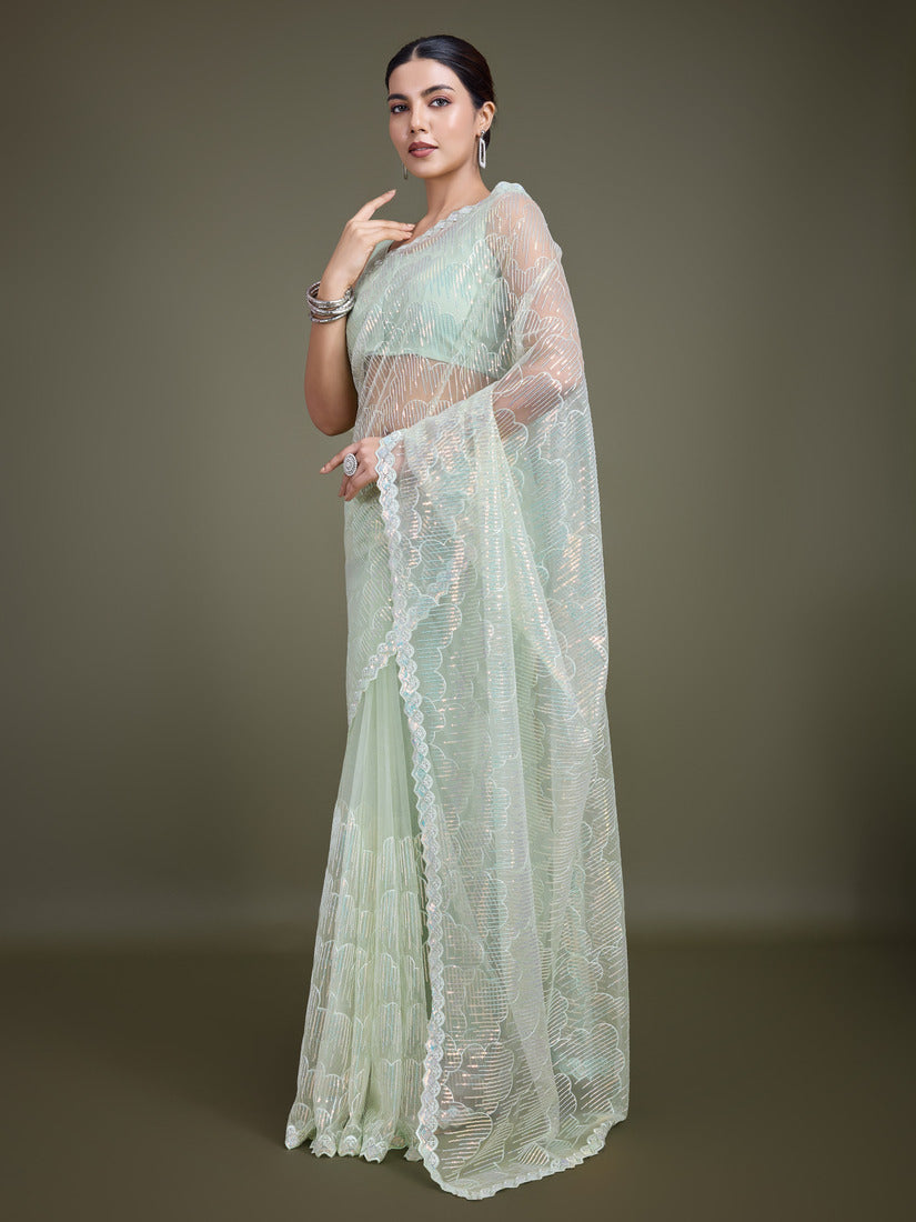 Monjolika Fashion Exclusive Women'S Light Green Soft Net SareeWith Sequin Work | Grocsy