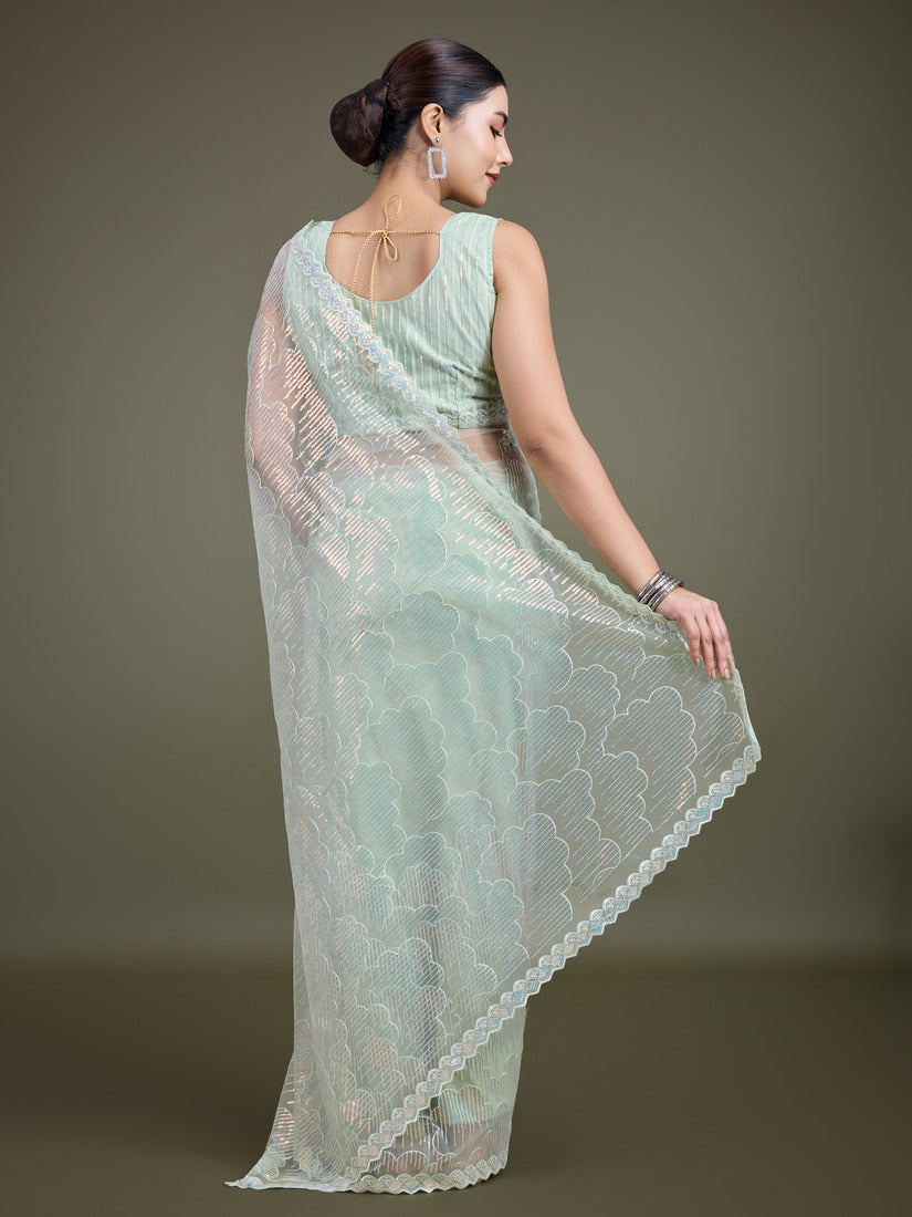 Monjolika Fashion Exclusive Women'S Light Green Soft Net SareeWith Sequin Work | Grocsy