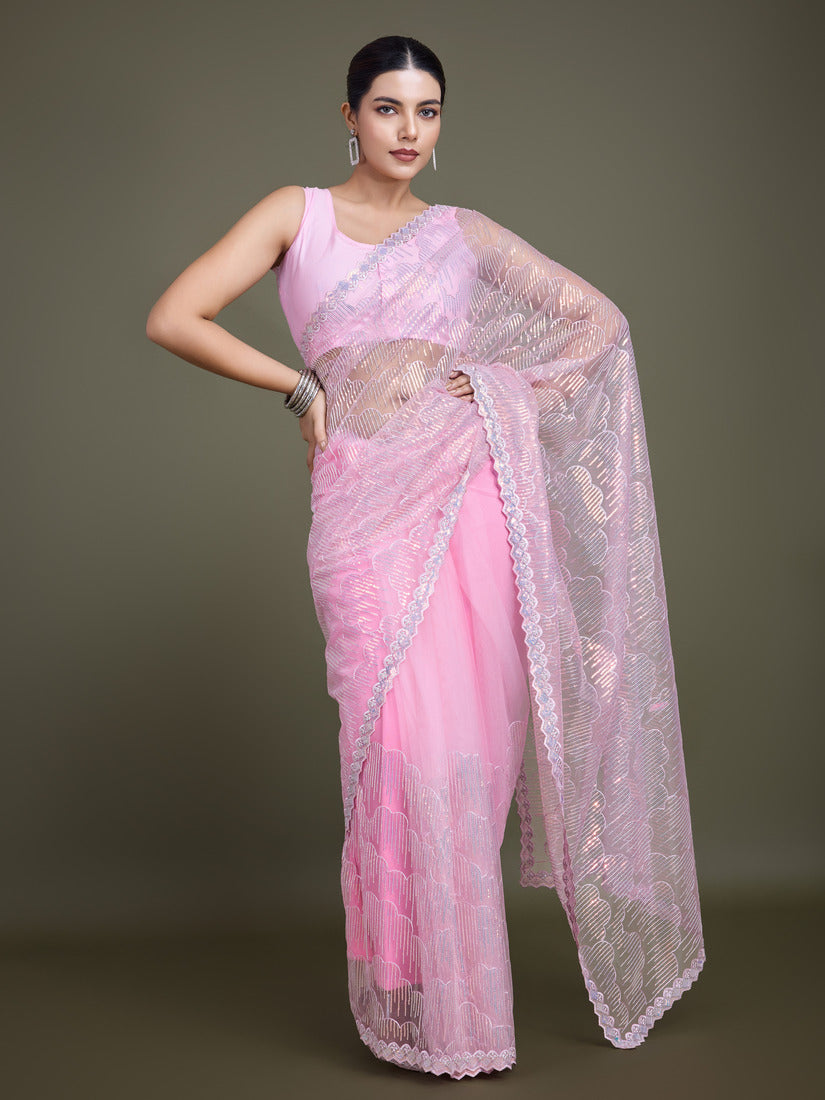 Monjolika Fashion Exclusive Women'S Light Pink Soft Net SareeWith Sequin Work | Grocsy
