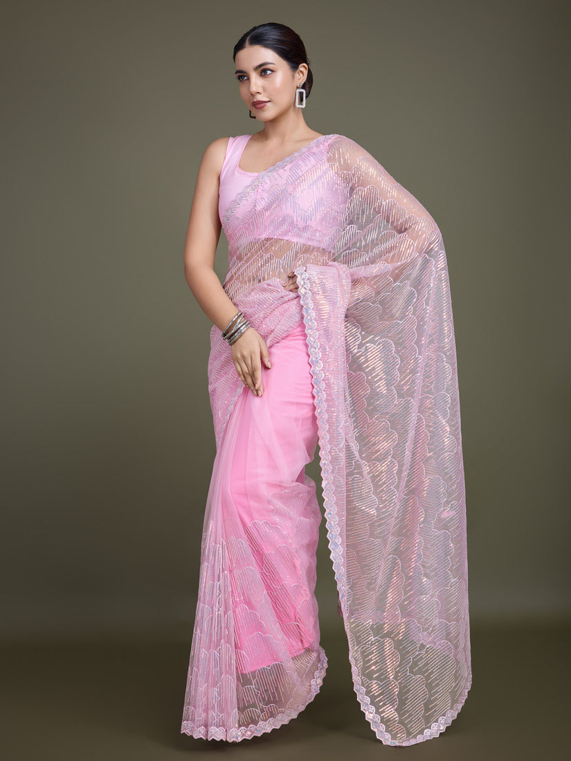Monjolika Fashion Exclusive Women'S Light Pink Soft Net SareeWith Sequin Work | Grocsy