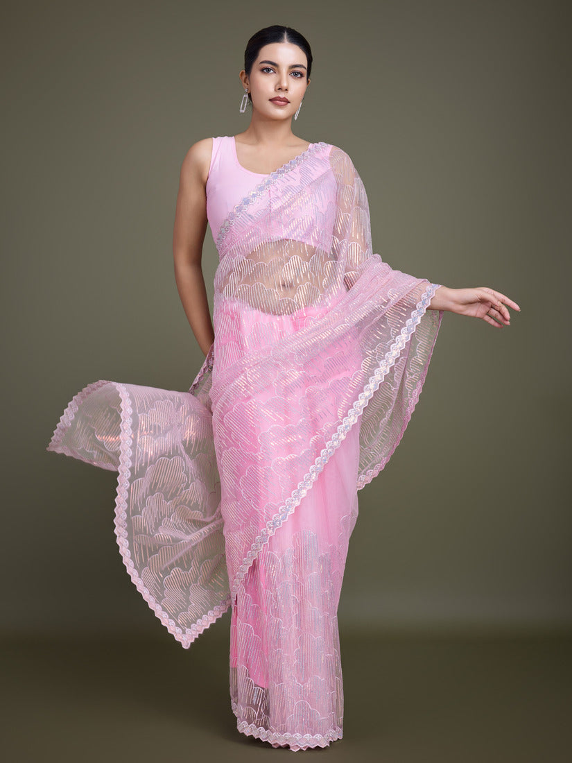 Monjolika Fashion Exclusive Women'S Light Pink Soft Net SareeWith Sequin Work | Grocsy