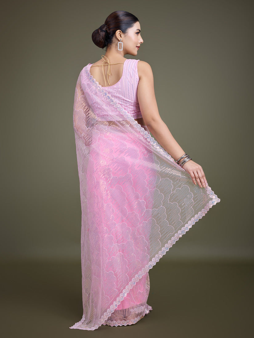 Monjolika Fashion Exclusive Women'S Light Pink Soft Net SareeWith Sequin Work | Grocsy