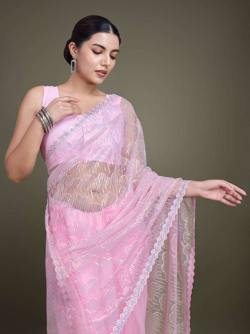 Monjolika Fashion Exclusive Women'S Light Pink Soft Net SareeWith Sequin Work | Grocsy