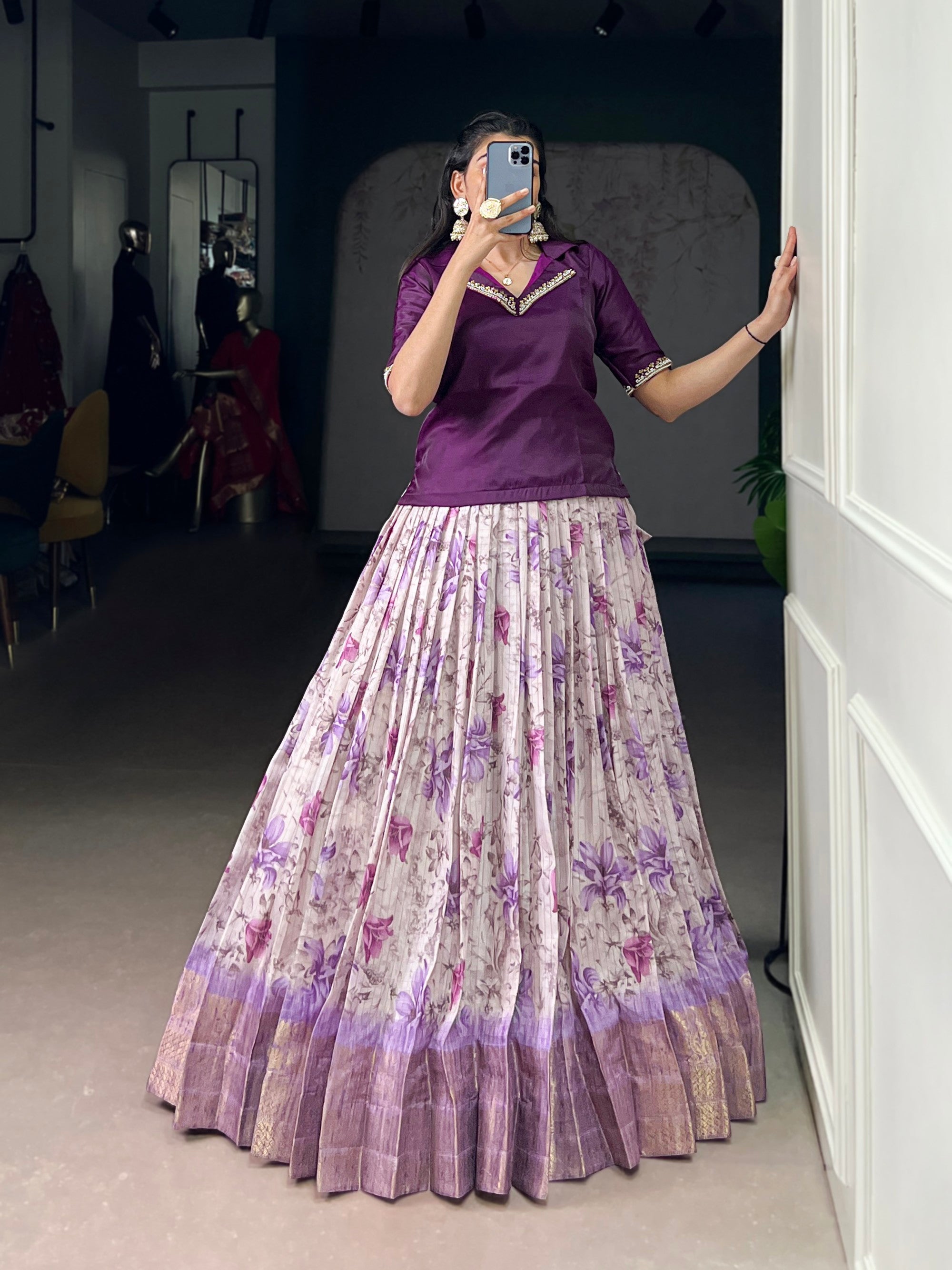 Lorenvalley Fashion Purple Dola Chex Floral Printed With Zari Weaving Work Lehenga Choli | Grocsy