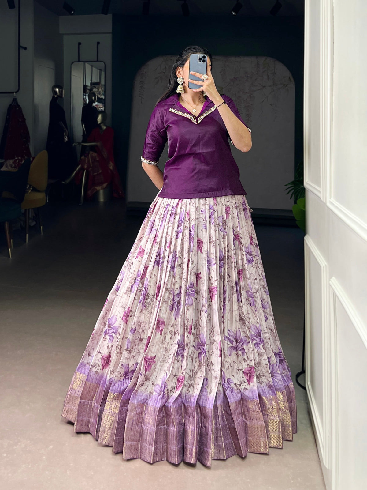 Lorenvalley Fashion Purple Dola Chex Floral Printed With Zari Weaving Work Lehenga Choli | Grocsy