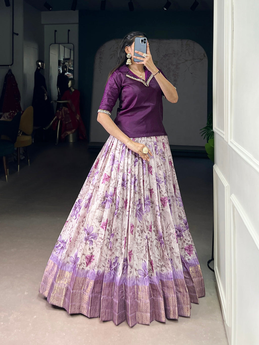 Lorenvalley Fashion Purple Dola Chex Floral Printed With Zari Weaving Work Lehenga Choli | Grocsy