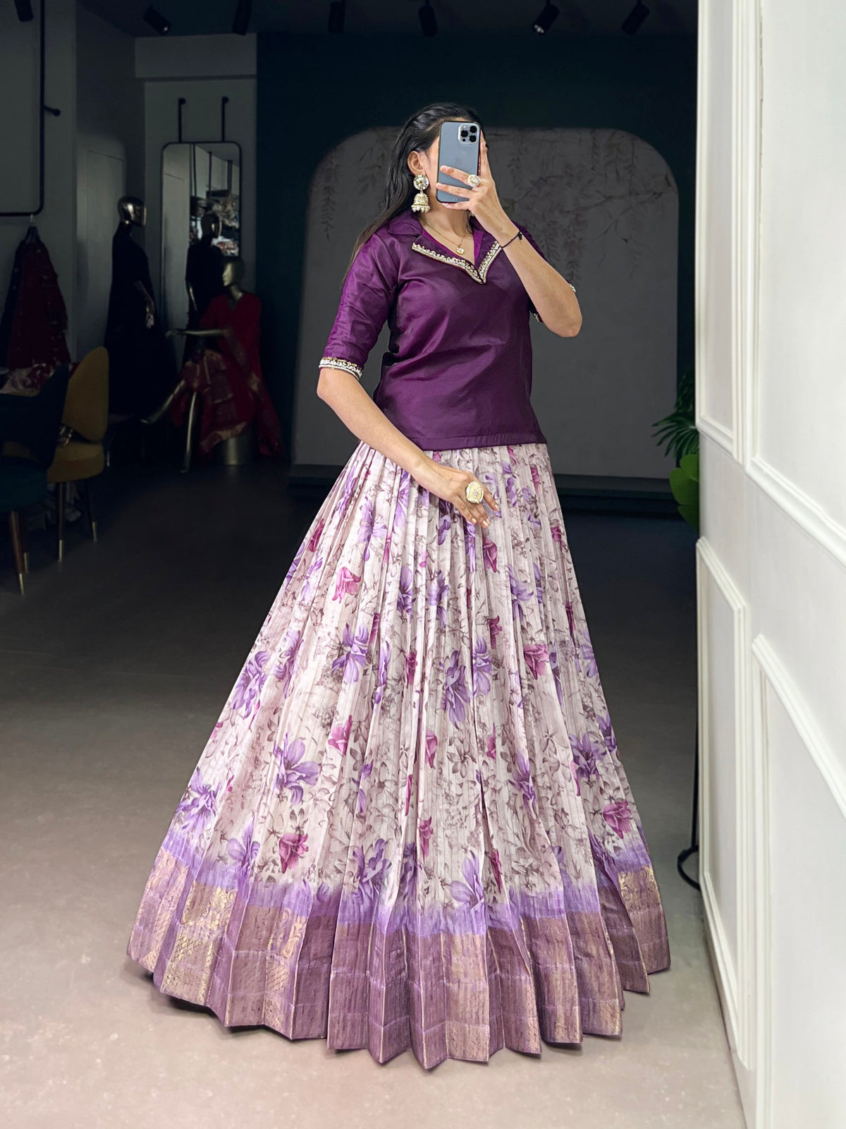 Lorenvalley Fashion Purple Dola Chex Floral Printed With Zari Weaving Work Lehenga Choli | Grocsy