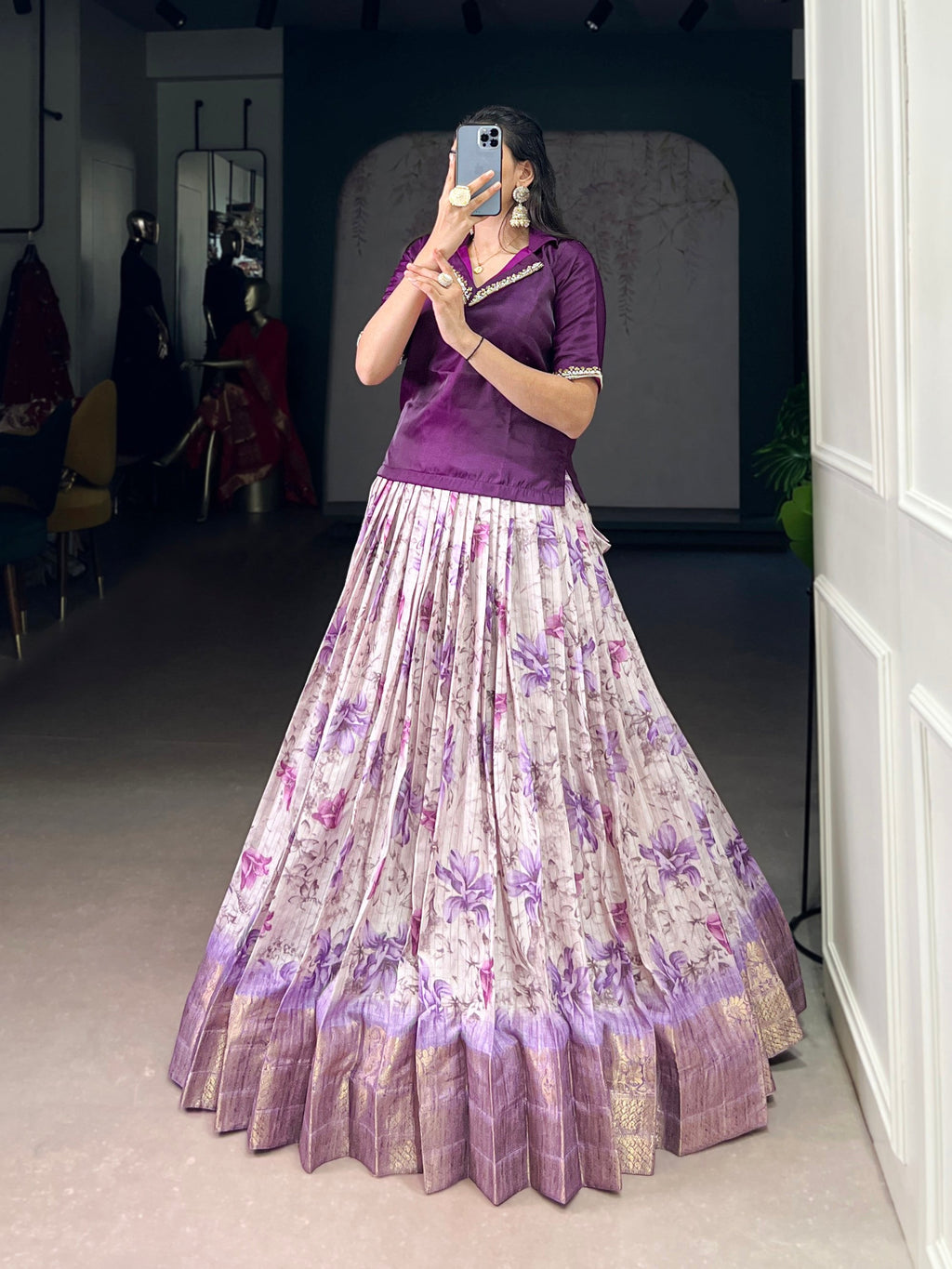 Lorenvalley Fashion Purple Dola Chex Floral Printed With Zari Weaving Work Lehenga Choli | Grocsy