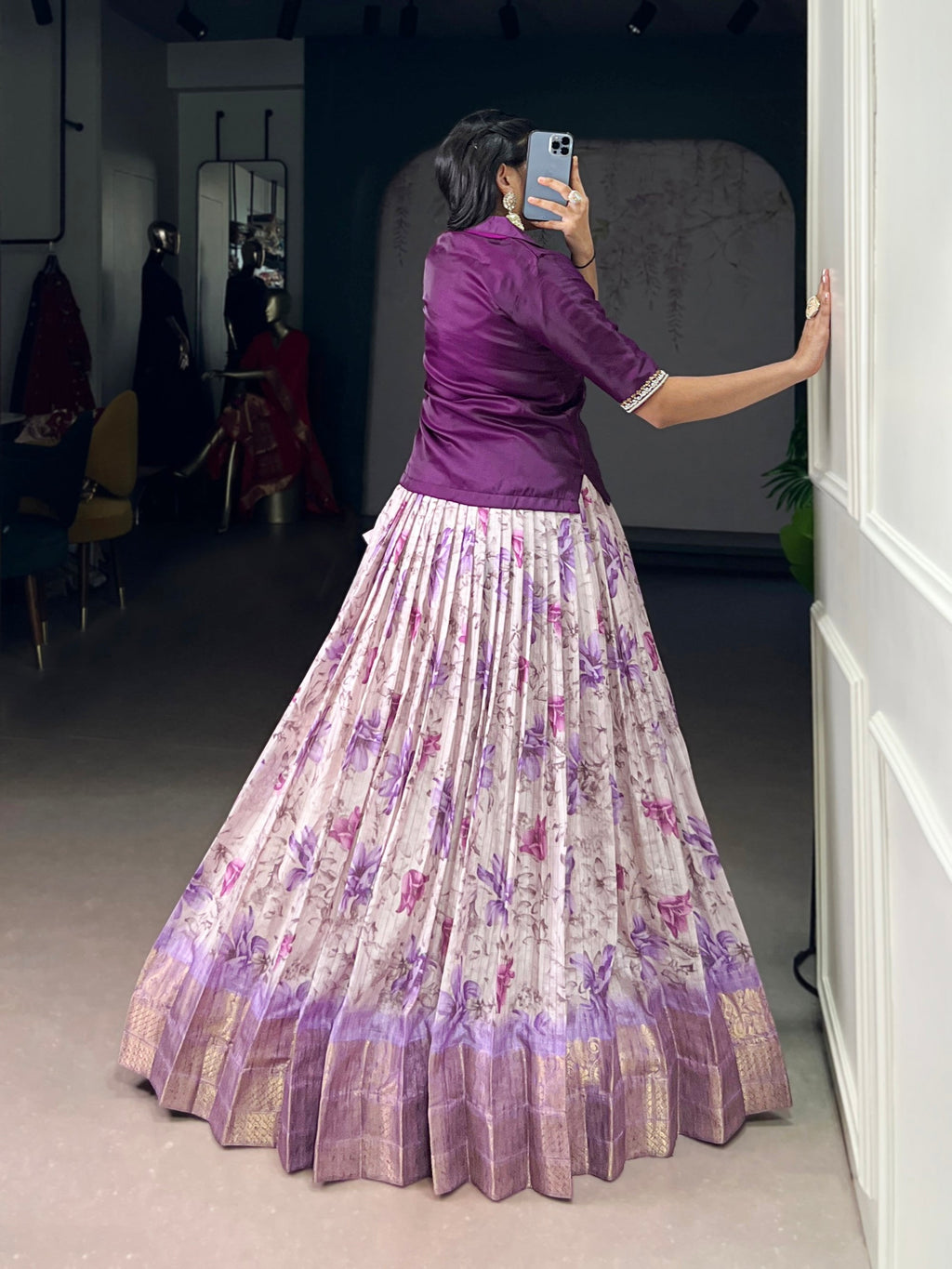 Lorenvalley Fashion Purple Dola Chex Floral Printed With Zari Weaving Work Lehenga Choli | Grocsy
